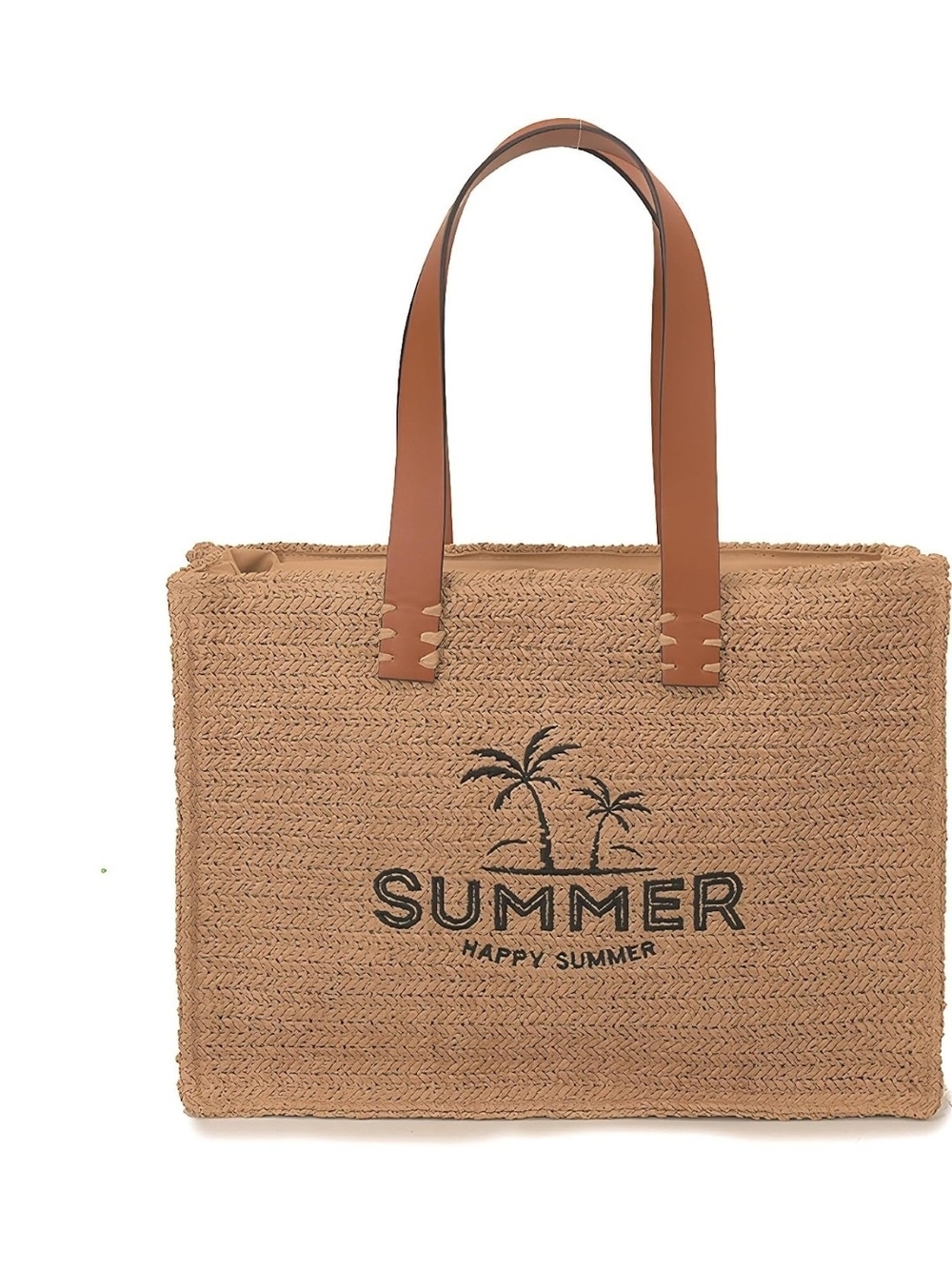 Summer Straw Tote Bag with Brown Handles